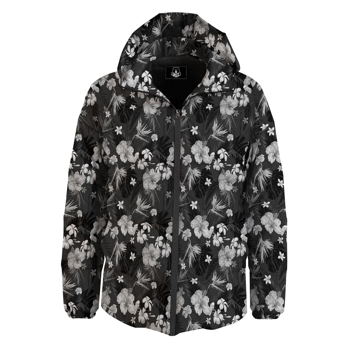 Plumeria Monochrome Print Pattern Down Jacket-grizzshop