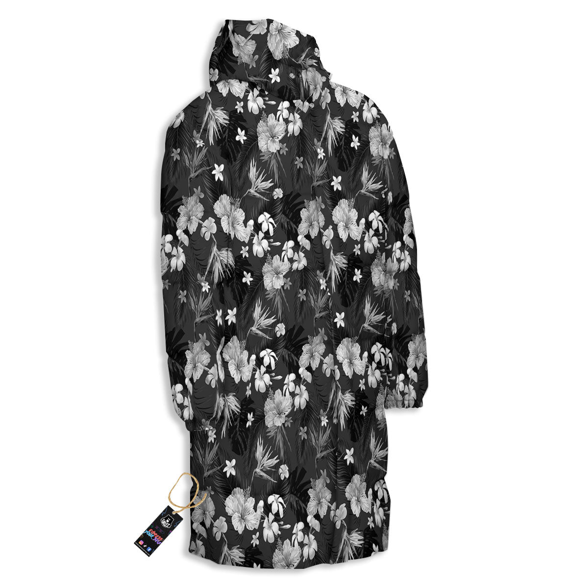 Plumeria Monochrome Print Pattern Long Down Jacket-grizzshop