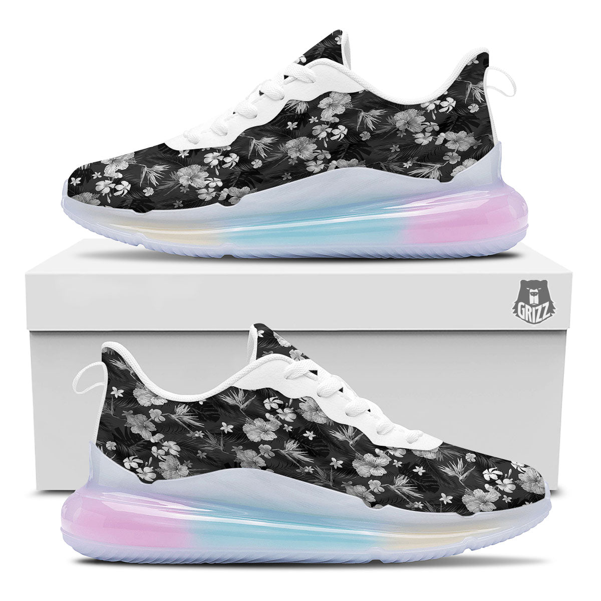 Plumeria Monochrome Print Pattern Running Sneakers-grizzshop