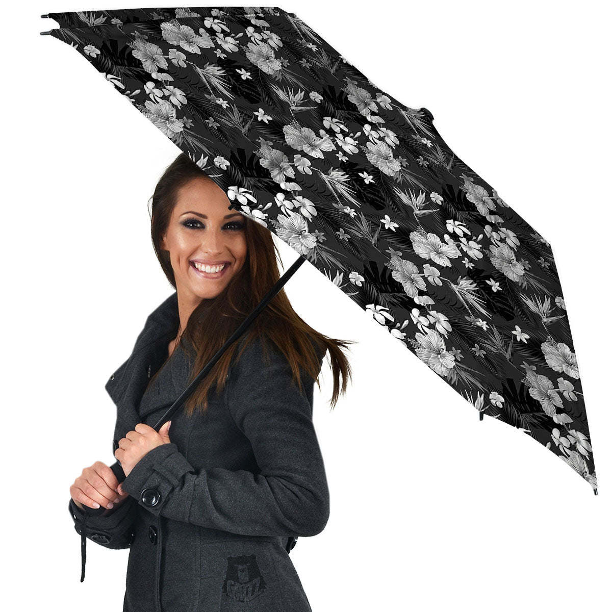 Plumeria Monochrome Print Pattern Umbrella-grizzshop