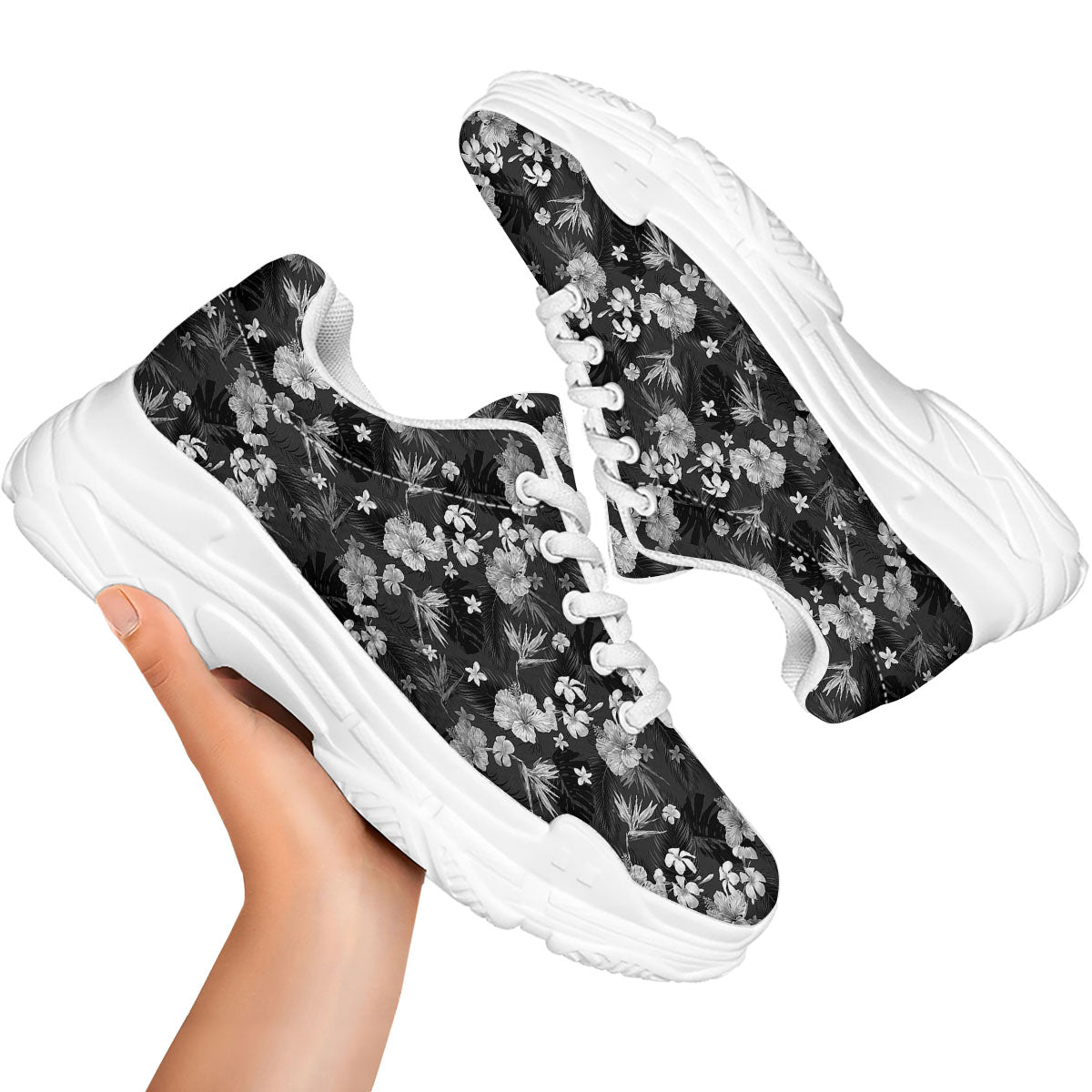 Plumeria Monochrome Print Pattern White Chunky Shoes-grizzshop