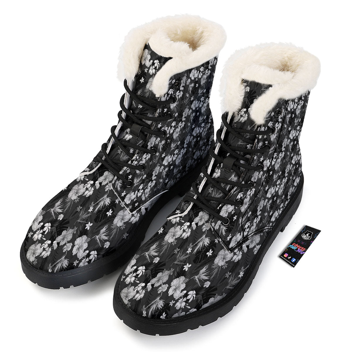 Plumeria Monochrome Print Pattern Winter Boots-grizzshop
