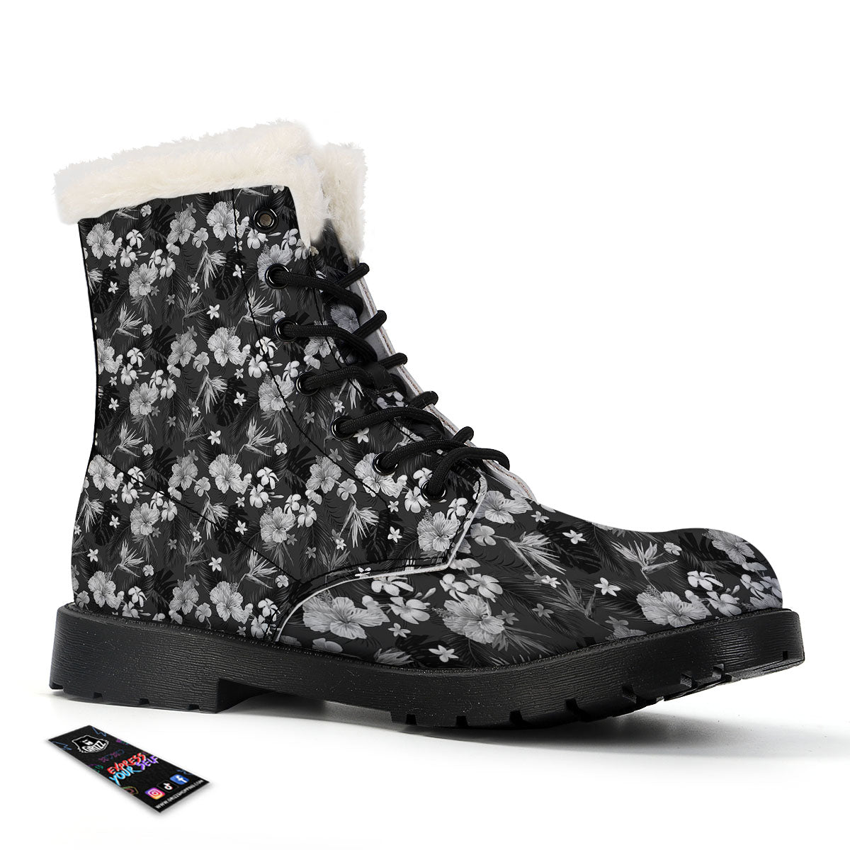 Plumeria Monochrome Print Pattern Winter Boots-grizzshop