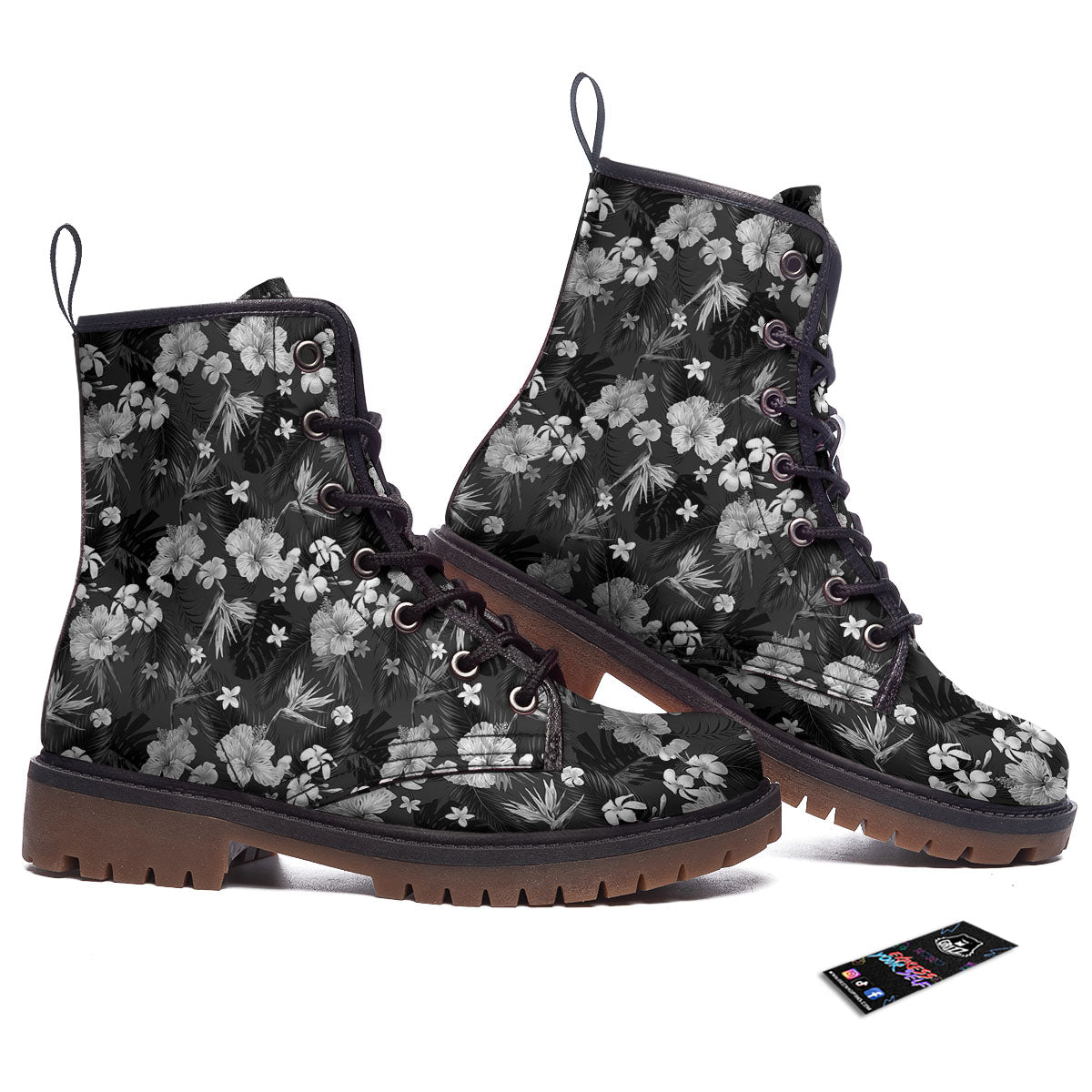 Plumeria Monochrome Print Pattern Work Boots-grizzshop