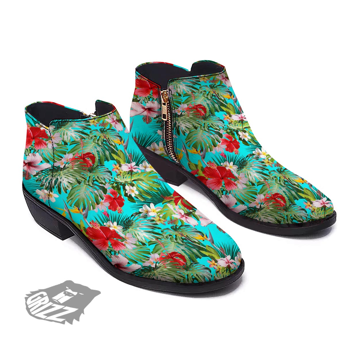 Plumeria Red Hibiscus Print Pattern Ankle Boots-grizzshop