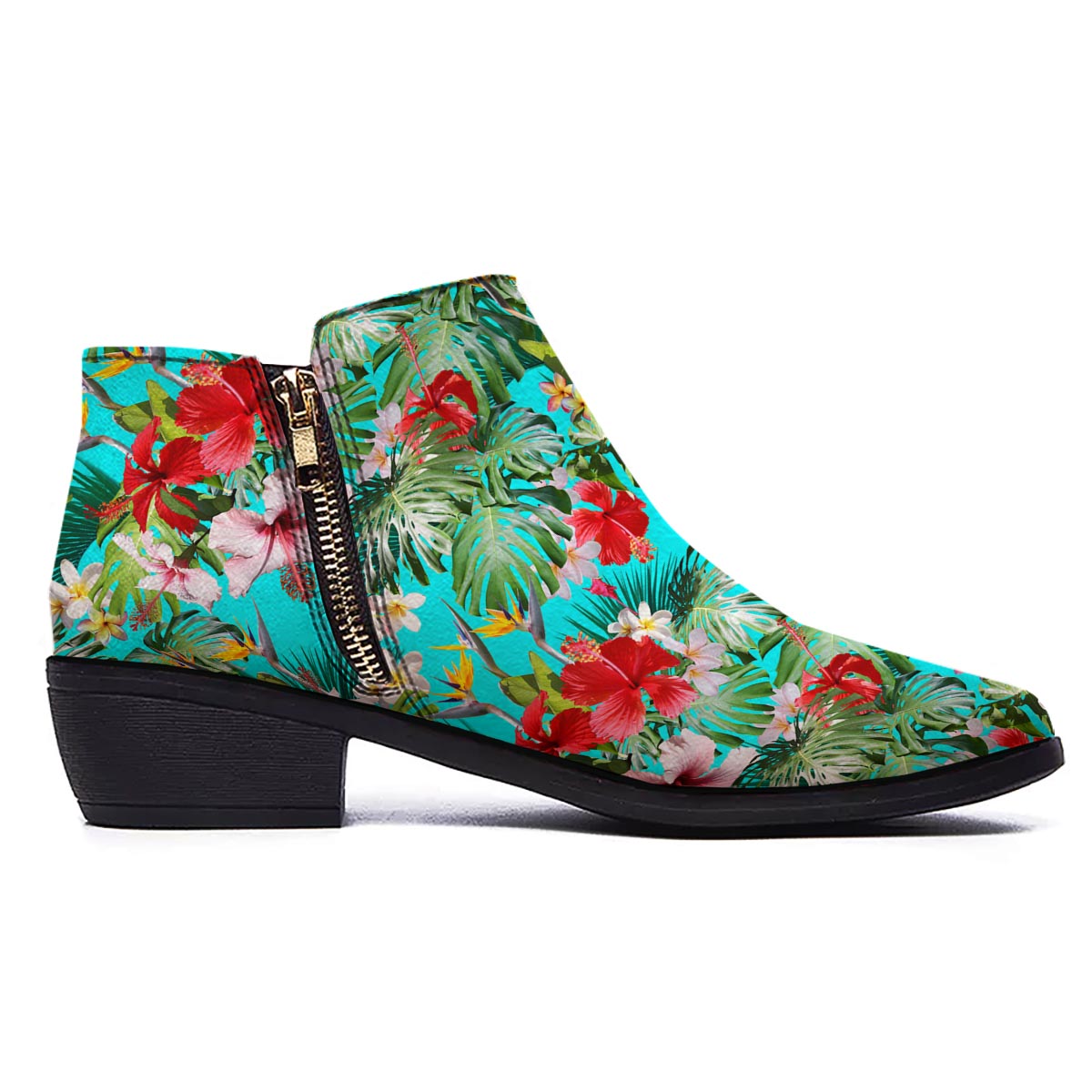 Plumeria Red Hibiscus Print Pattern Ankle Boots-grizzshop