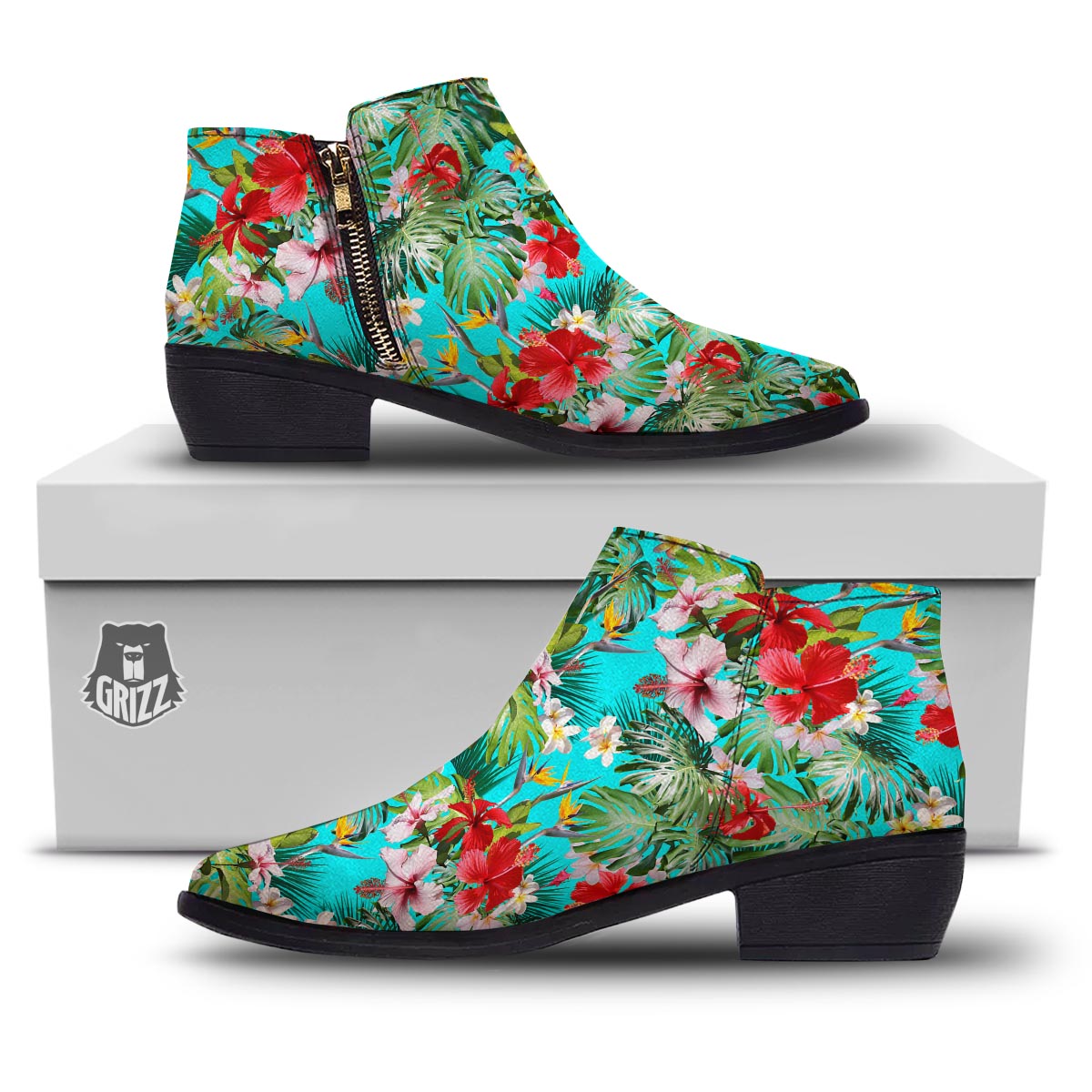 Plumeria Red Hibiscus Print Pattern Ankle Boots-grizzshop