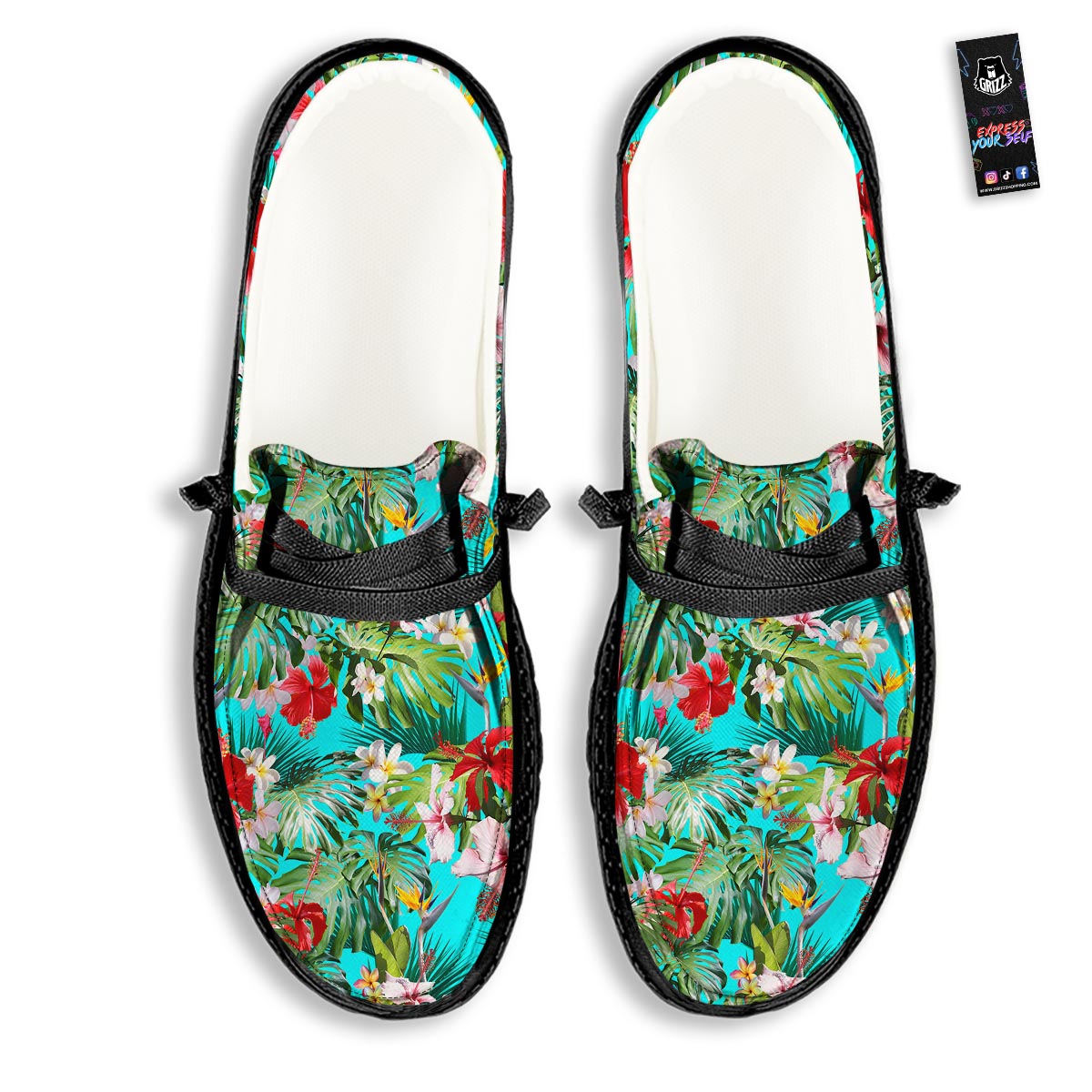 Plumeria Red Hibiscus Print Pattern Black Loafers-grizzshop