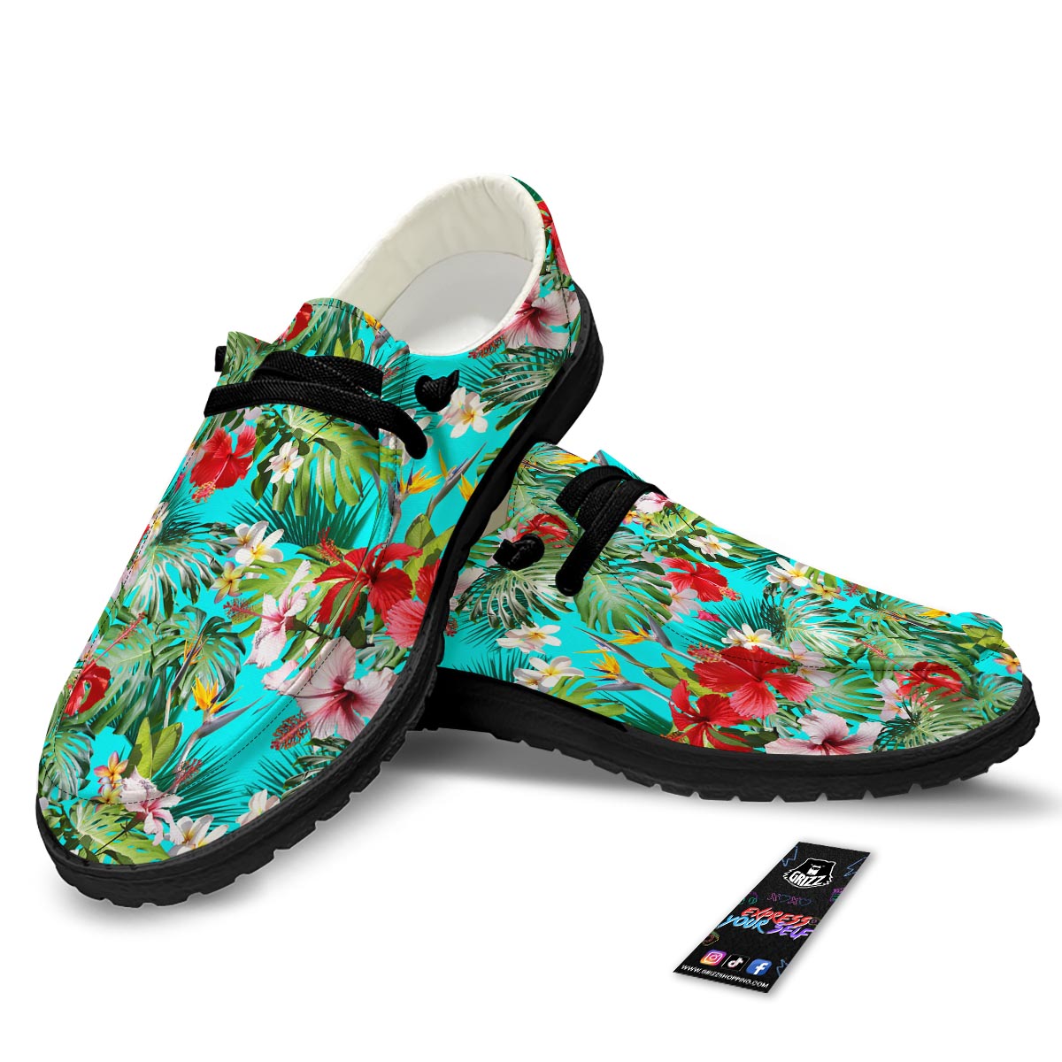 Plumeria Red Hibiscus Print Pattern Black Loafers-grizzshop