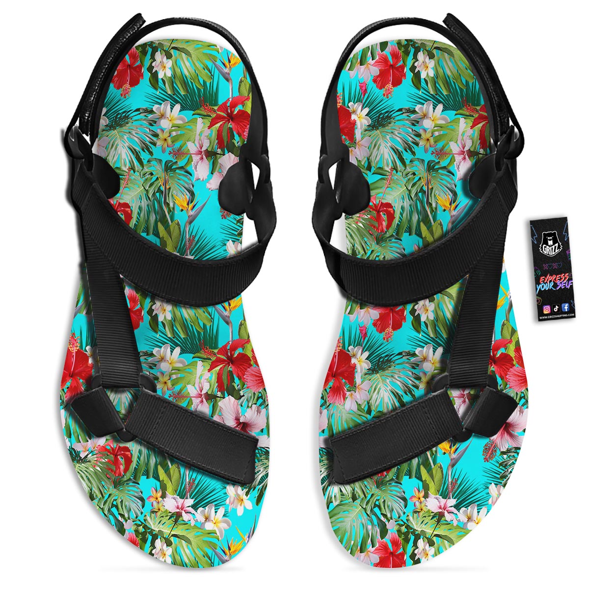 Plumeria Red Hibiscus Print Pattern Black Open Toe Sandals-grizzshop