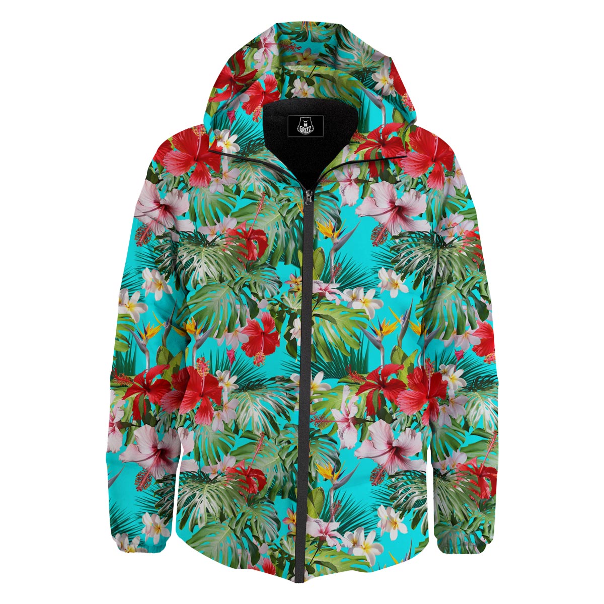 Plumeria Red Hibiscus Print Pattern Down Jacket-grizzshop