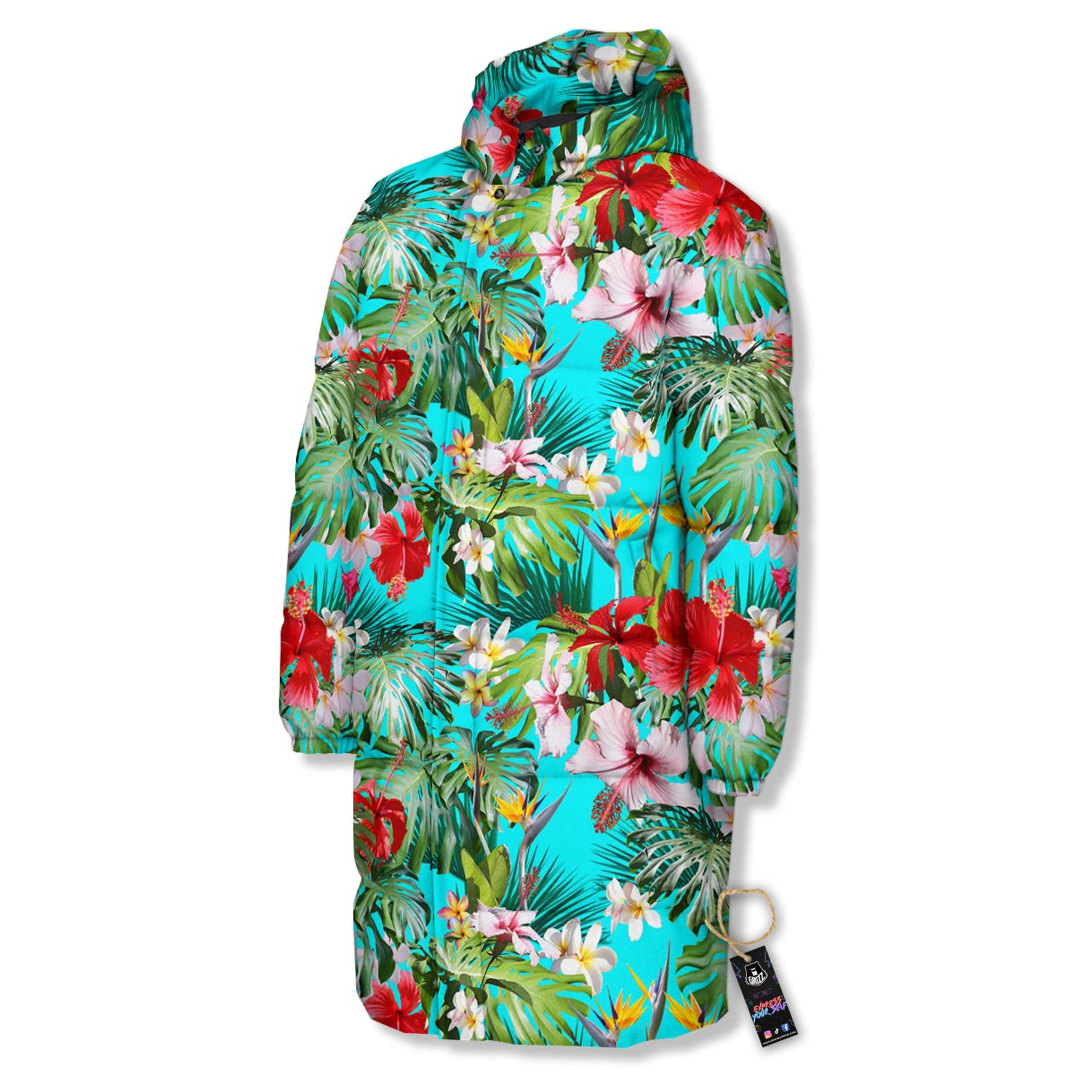 Plumeria Red Hibiscus Print Pattern Long Down Jacket-grizzshop