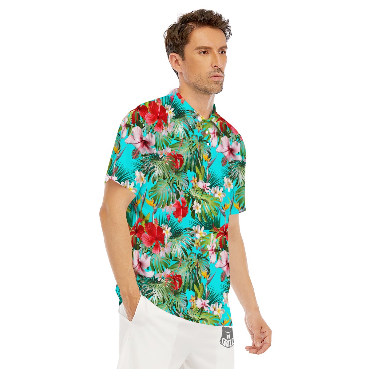 Plumeria Red Hibiscus Print Pattern Men's Golf Shirts-grizzshop