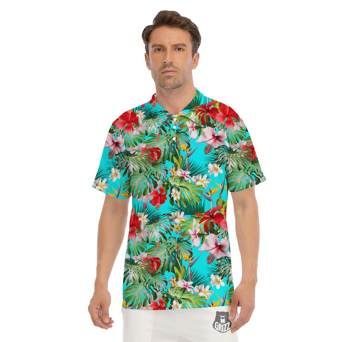 Plumeria Red Hibiscus Print Pattern Men's Golf Shirts-grizzshop