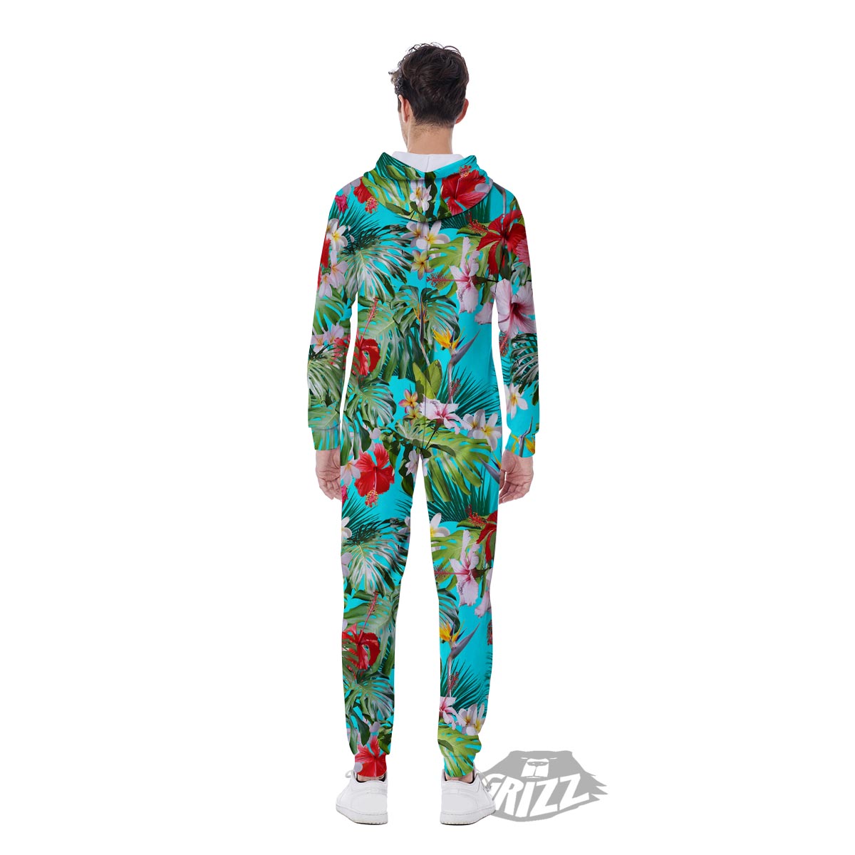 Plumeria Red Hibiscus Print Pattern Men's Jumpsuit-grizzshop