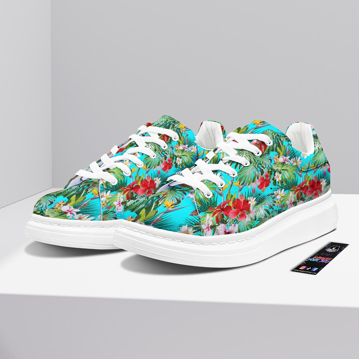 Plumeria Red Hibiscus Print Pattern Platform Shoes-grizzshop