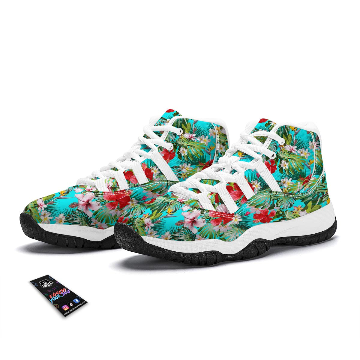 Plumeria Red Hibiscus Print Pattern White Bball Shoes-grizzshop