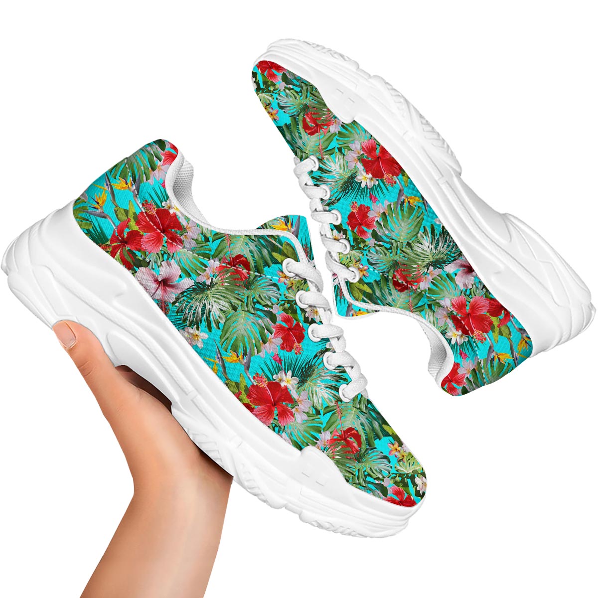 Plumeria Red Hibiscus Print Pattern White Chunky Shoes-grizzshop