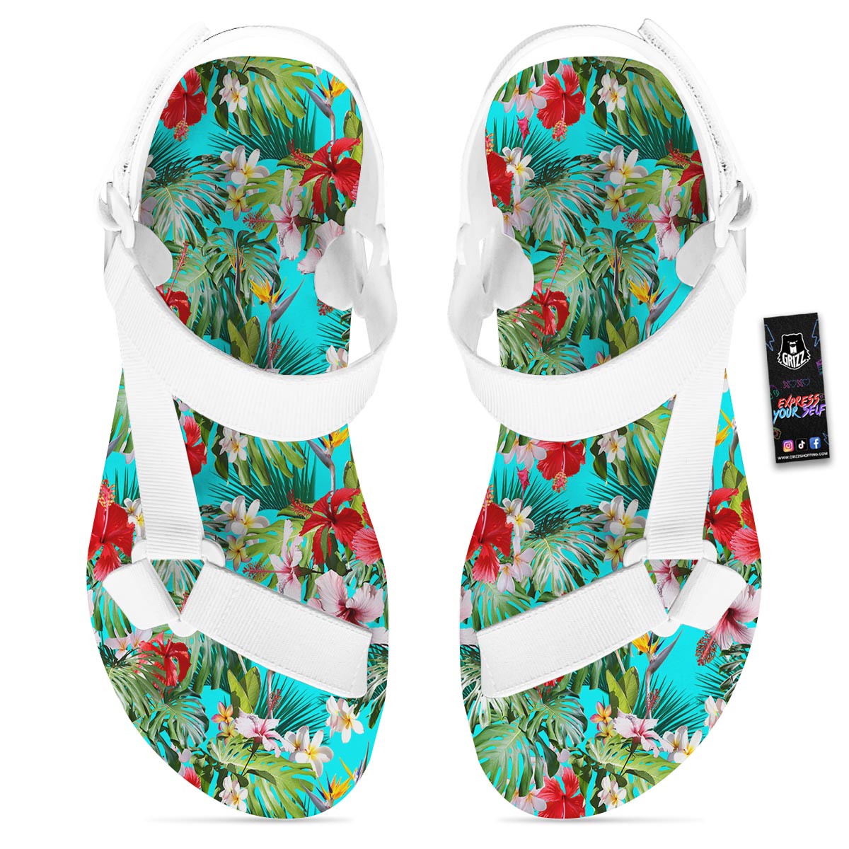 Plumeria Red Hibiscus Print Pattern White Open Toe Sandals-grizzshop