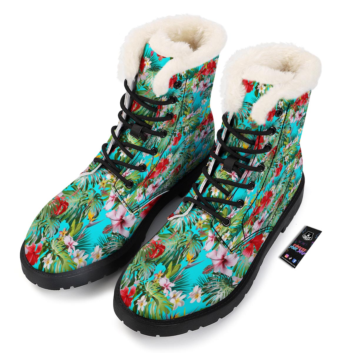 Plumeria Red Hibiscus Print Pattern Winter Boots-grizzshop