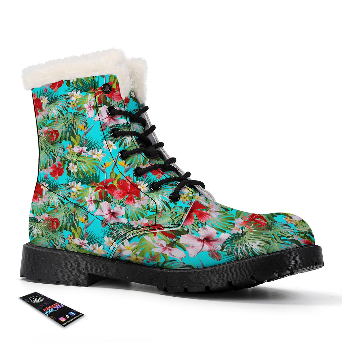 Plumeria Red Hibiscus Print Pattern Winter Boots-grizzshop