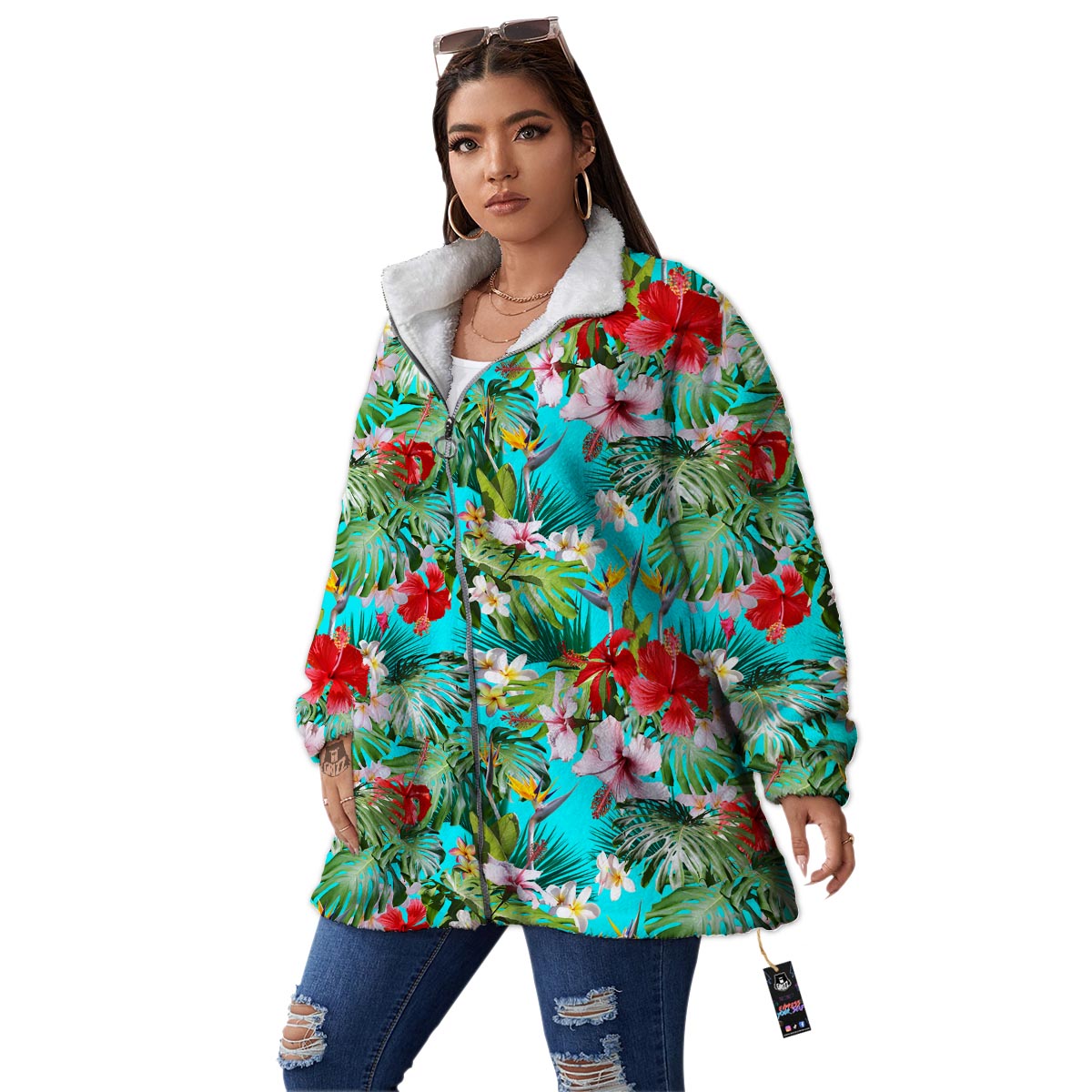 Plumeria Red Hibiscus Print Pattern Women's Sherpa Jacket-grizzshop