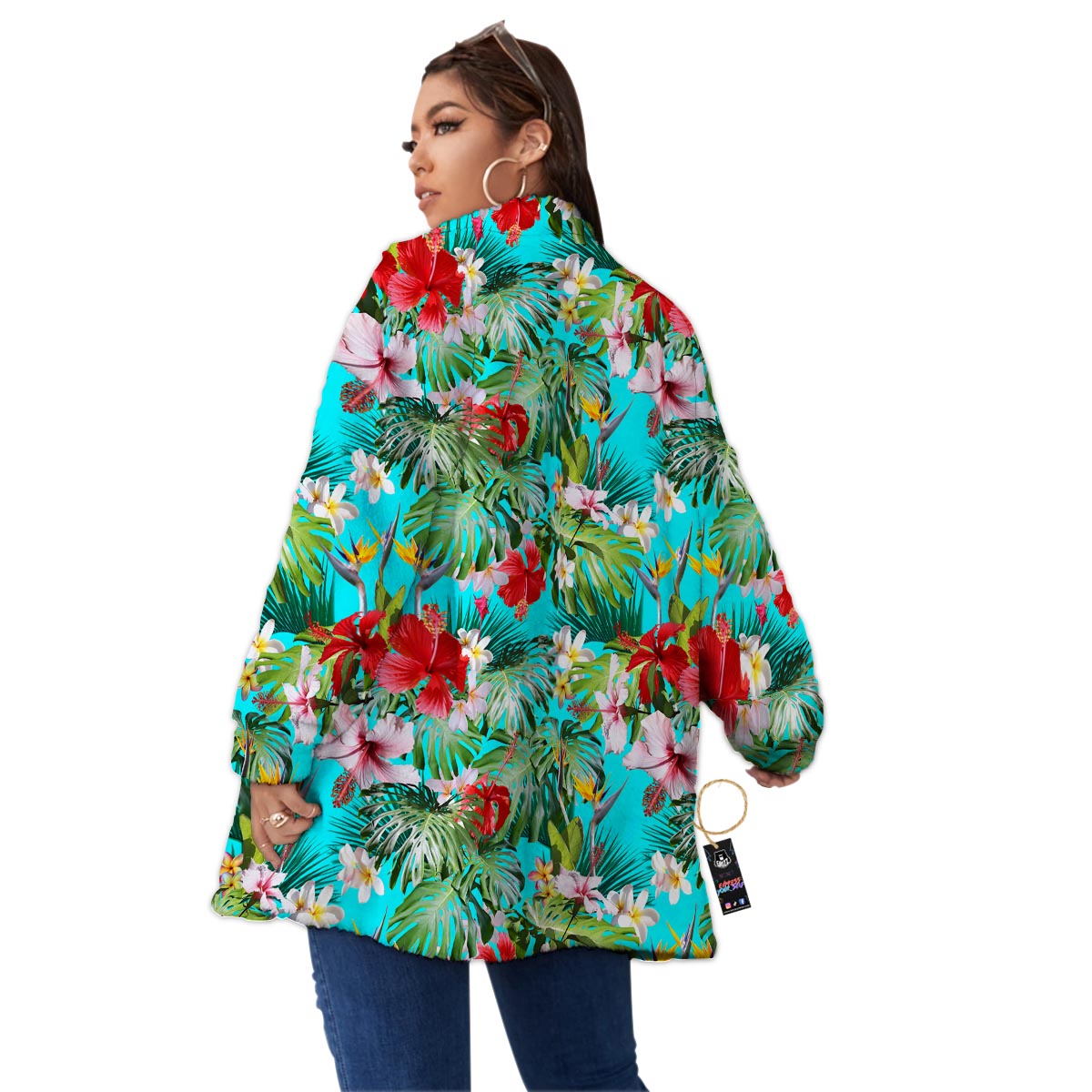 Plumeria Red Hibiscus Print Pattern Women's Sherpa Jacket-grizzshop