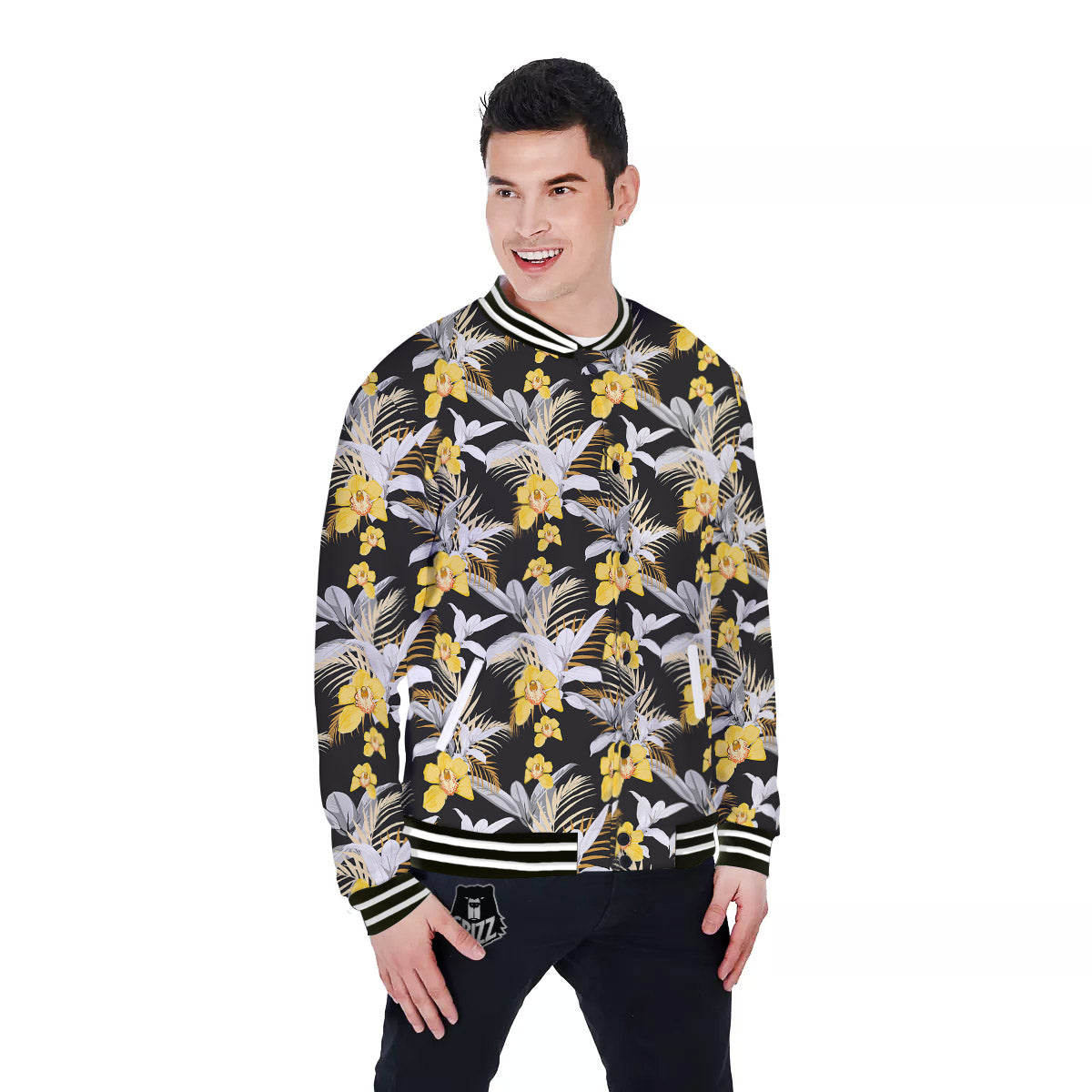 Plumeria Yellow And Black Print Pattern Baseball Jacket-grizzshop