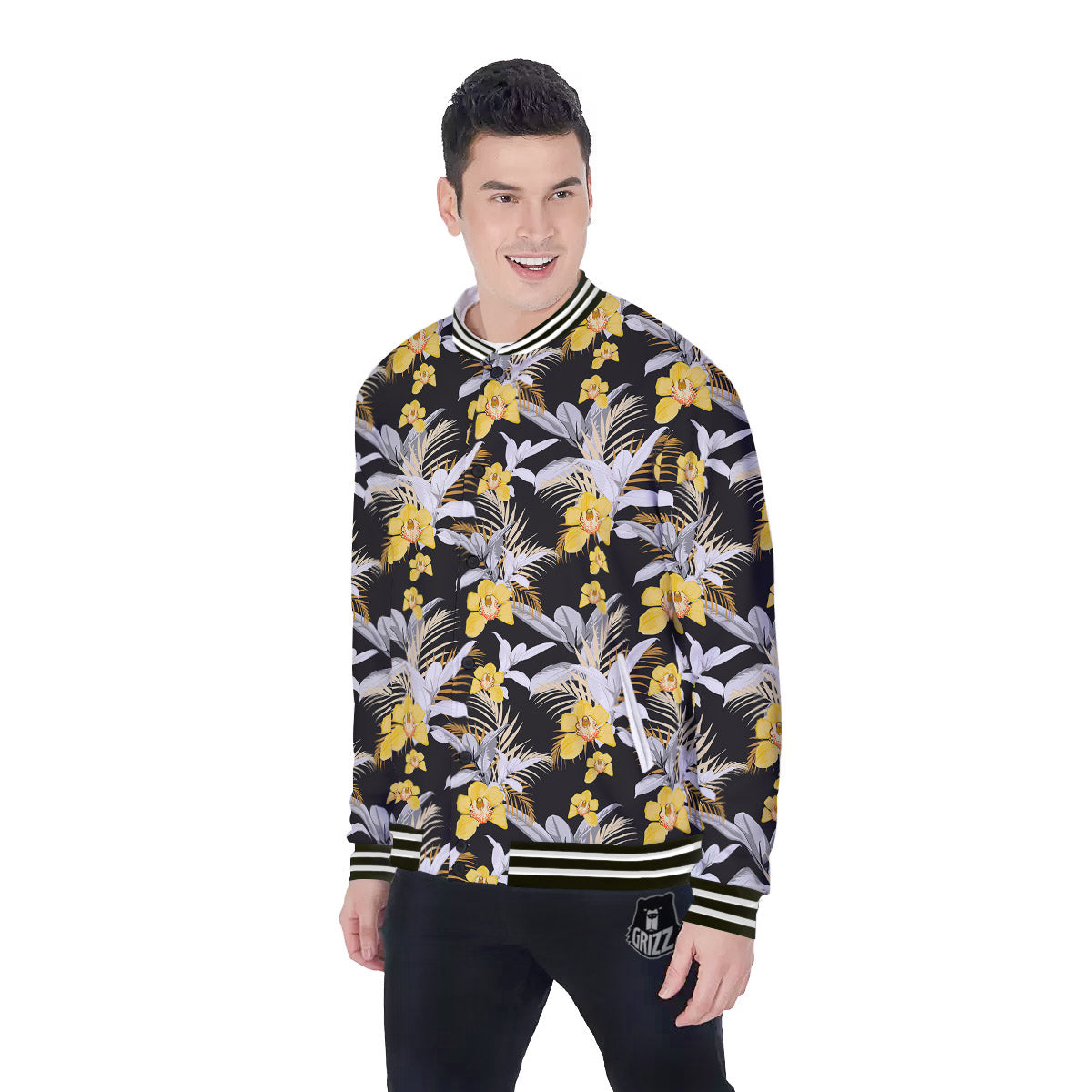 Plumeria Yellow And Black Print Pattern Baseball Jacket-grizzshop