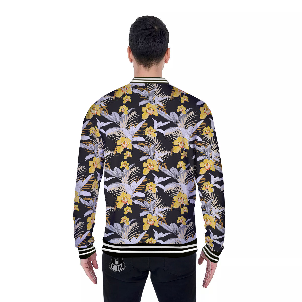 Plumeria Yellow And Black Print Pattern Baseball Jacket-grizzshop
