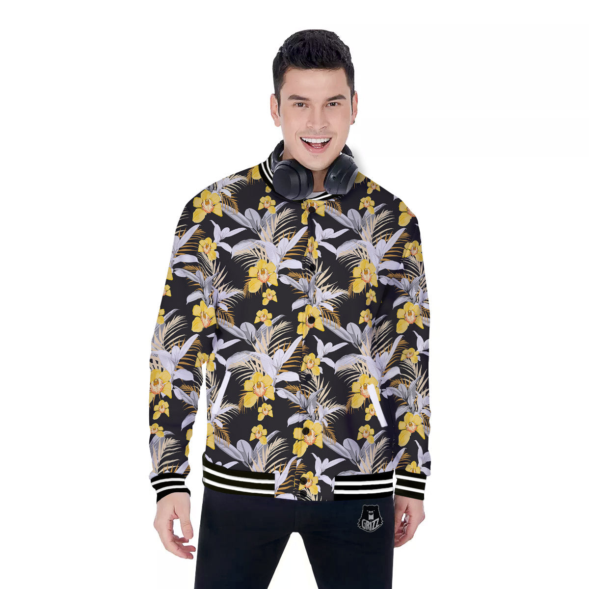 Plumeria Yellow And Black Print Pattern Baseball Jacket-grizzshop
