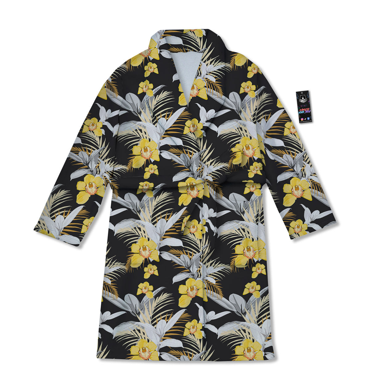 Plumeria Yellow And Black Print Pattern Bathrobe-grizzshop