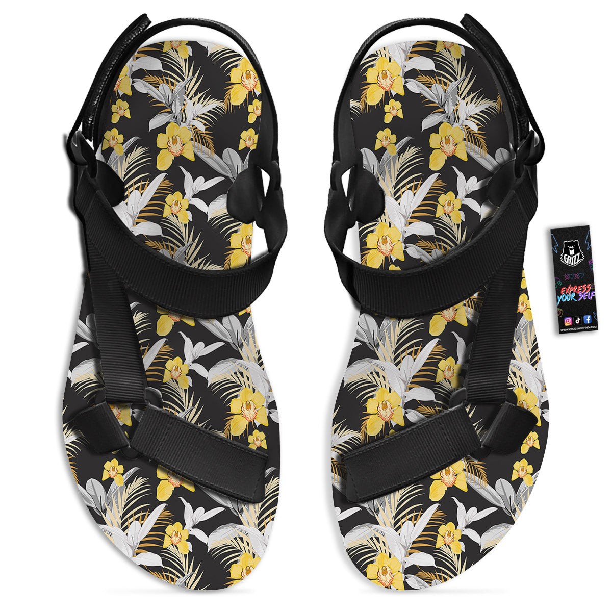 Plumeria Yellow And Black Print Pattern Black Open Toe Sandals-grizzshop
