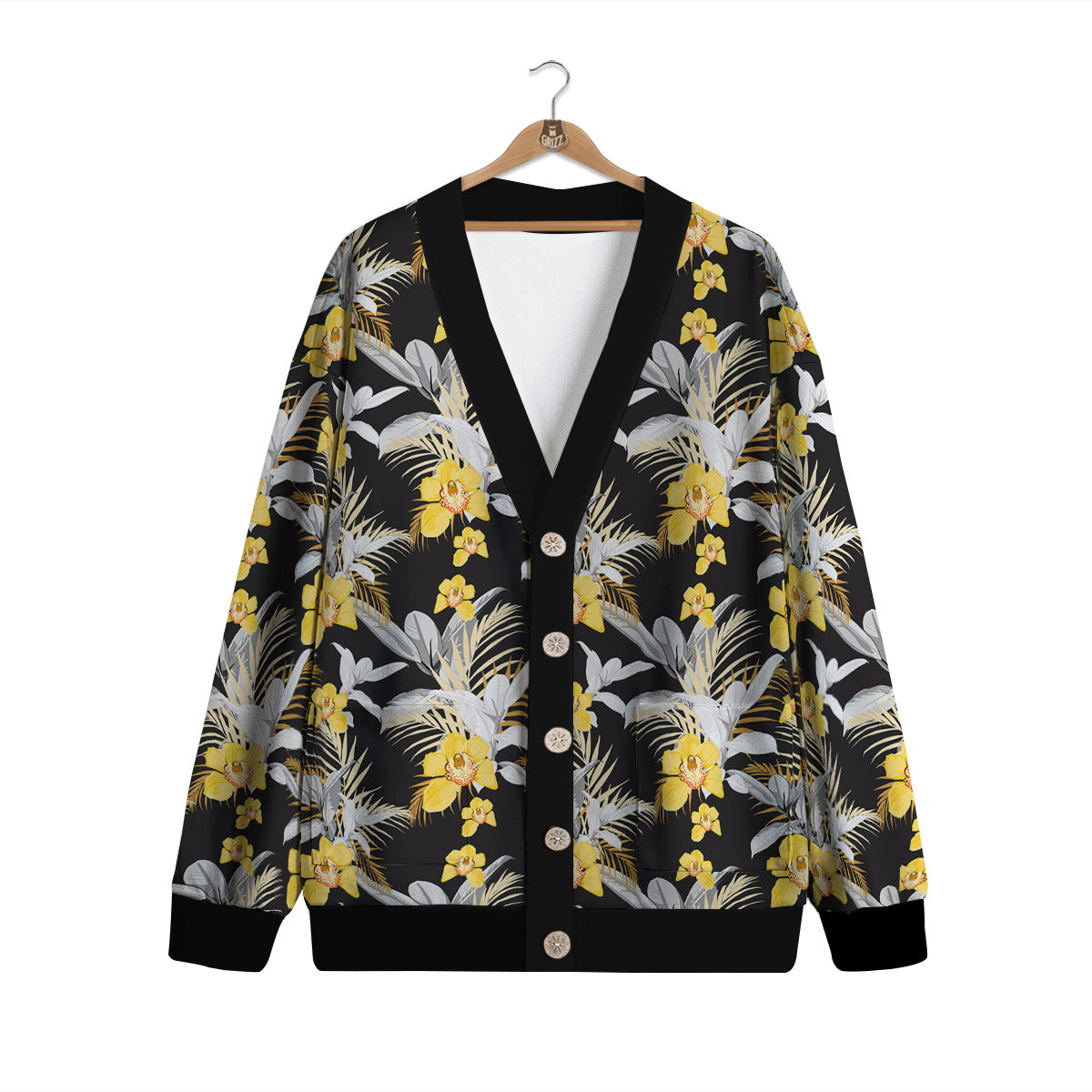 Plumeria Yellow And Black Print Pattern Cardigan-grizzshop