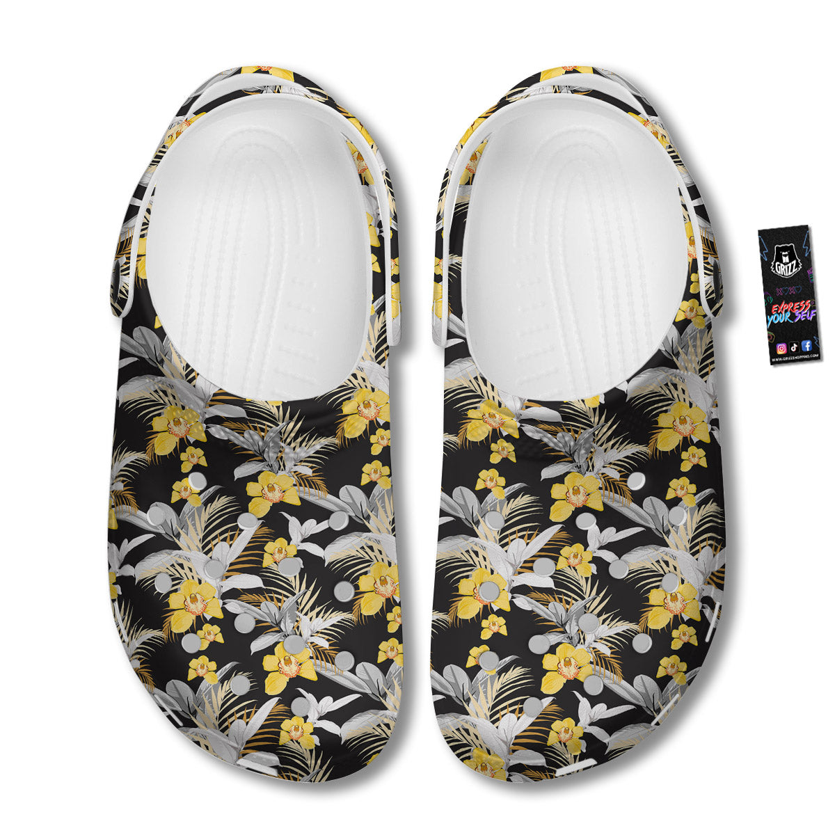 Plumeria Yellow And Black Print Pattern Clog-grizzshop