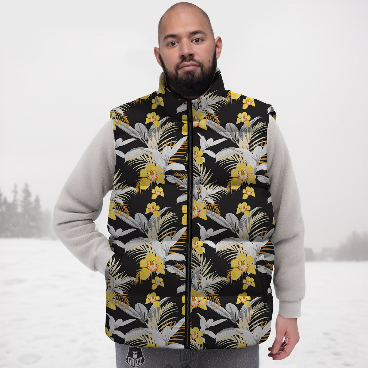 Plumeria Yellow And Black Print Pattern Down Vest