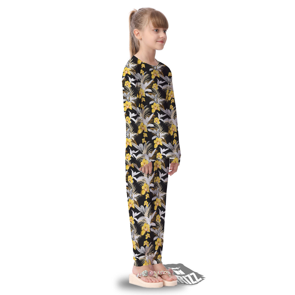 Plumeria Yellow And Black Print Pattern Kid's Pajamas-grizzshop