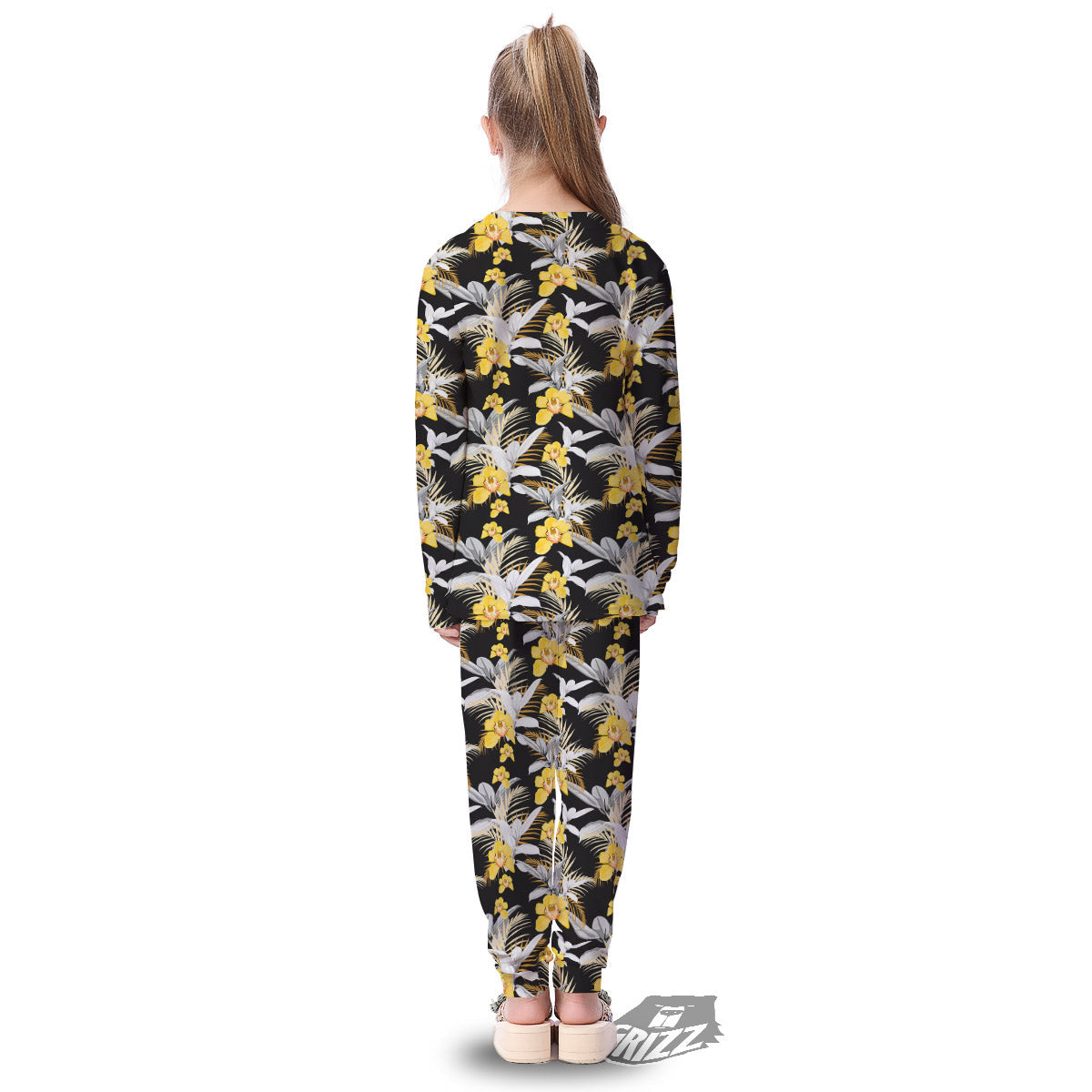 Plumeria Yellow And Black Print Pattern Kid's Pajamas-grizzshop
