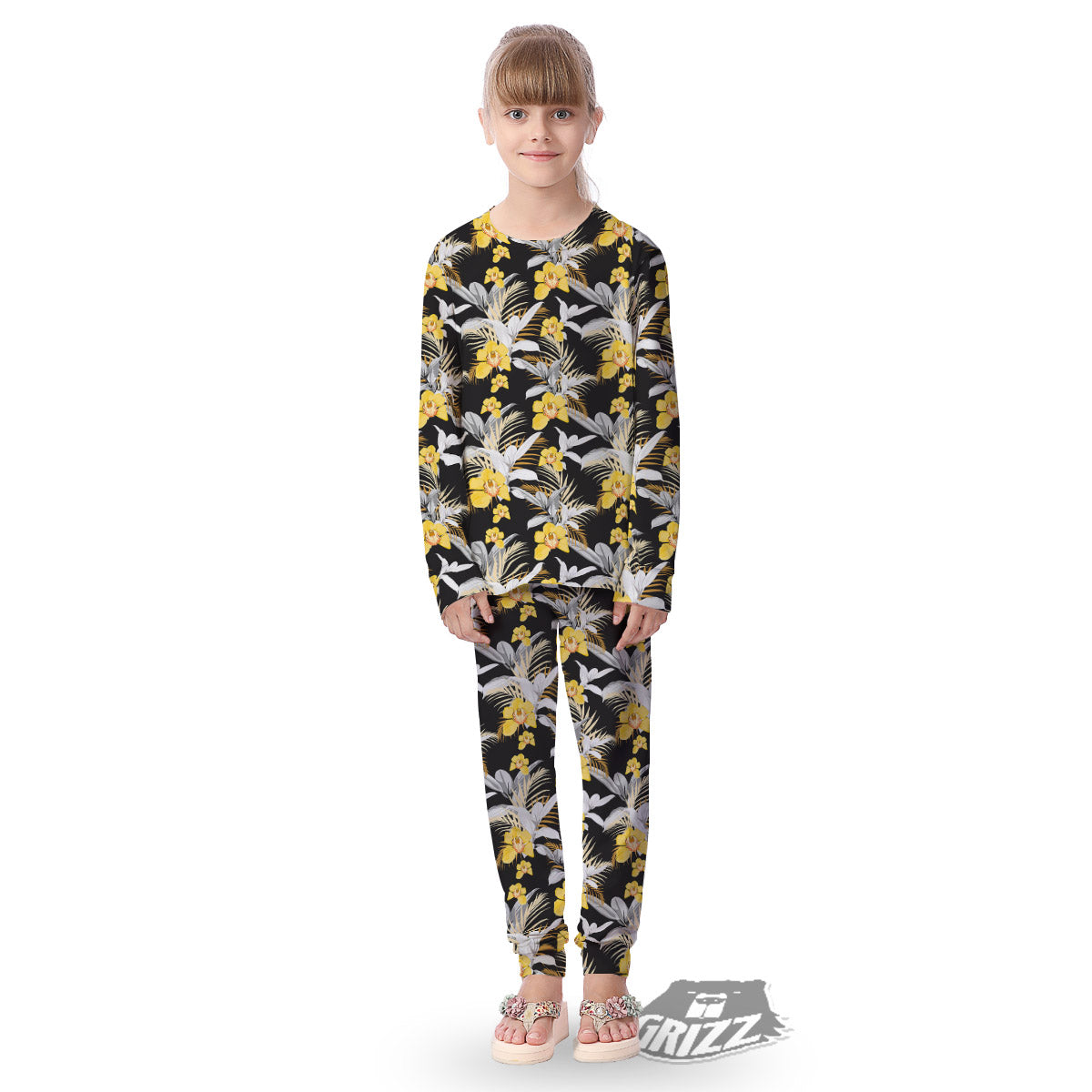 Plumeria Yellow And Black Print Pattern Kid's Pajamas-grizzshop