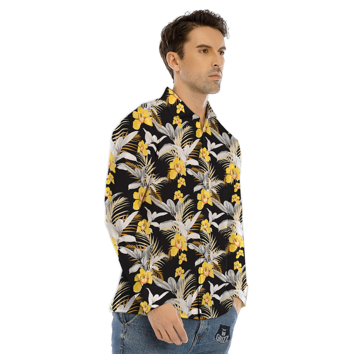 Plumeria Yellow And Black Print Pattern Men's Dress Shirts-grizzshop