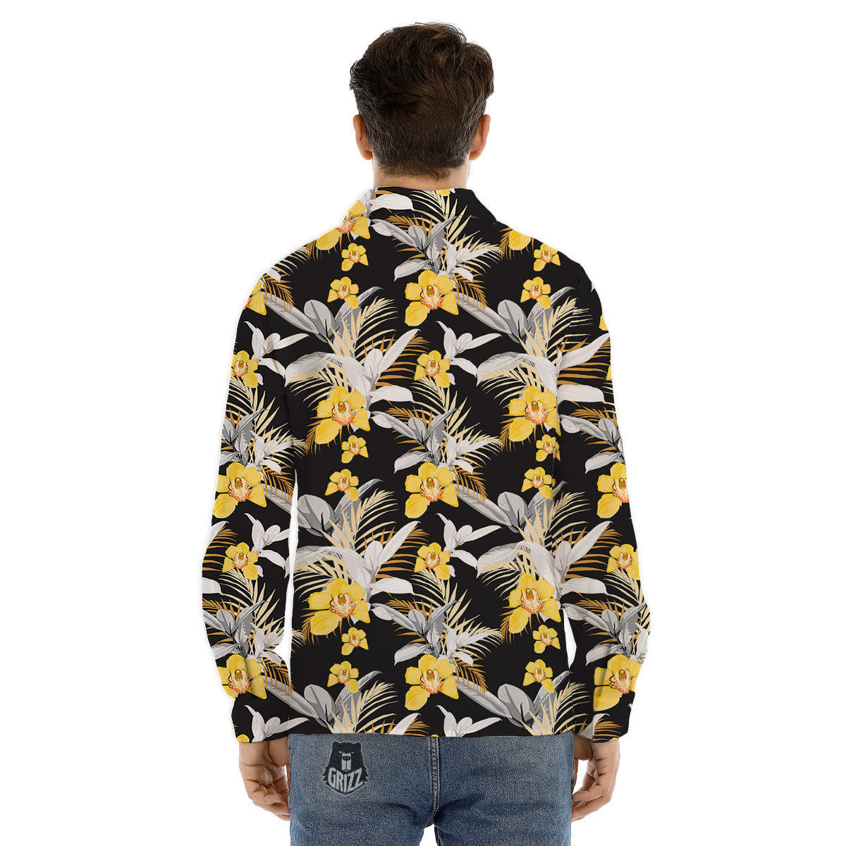 Plumeria Yellow And Black Print Pattern Men's Dress Shirts-grizzshop