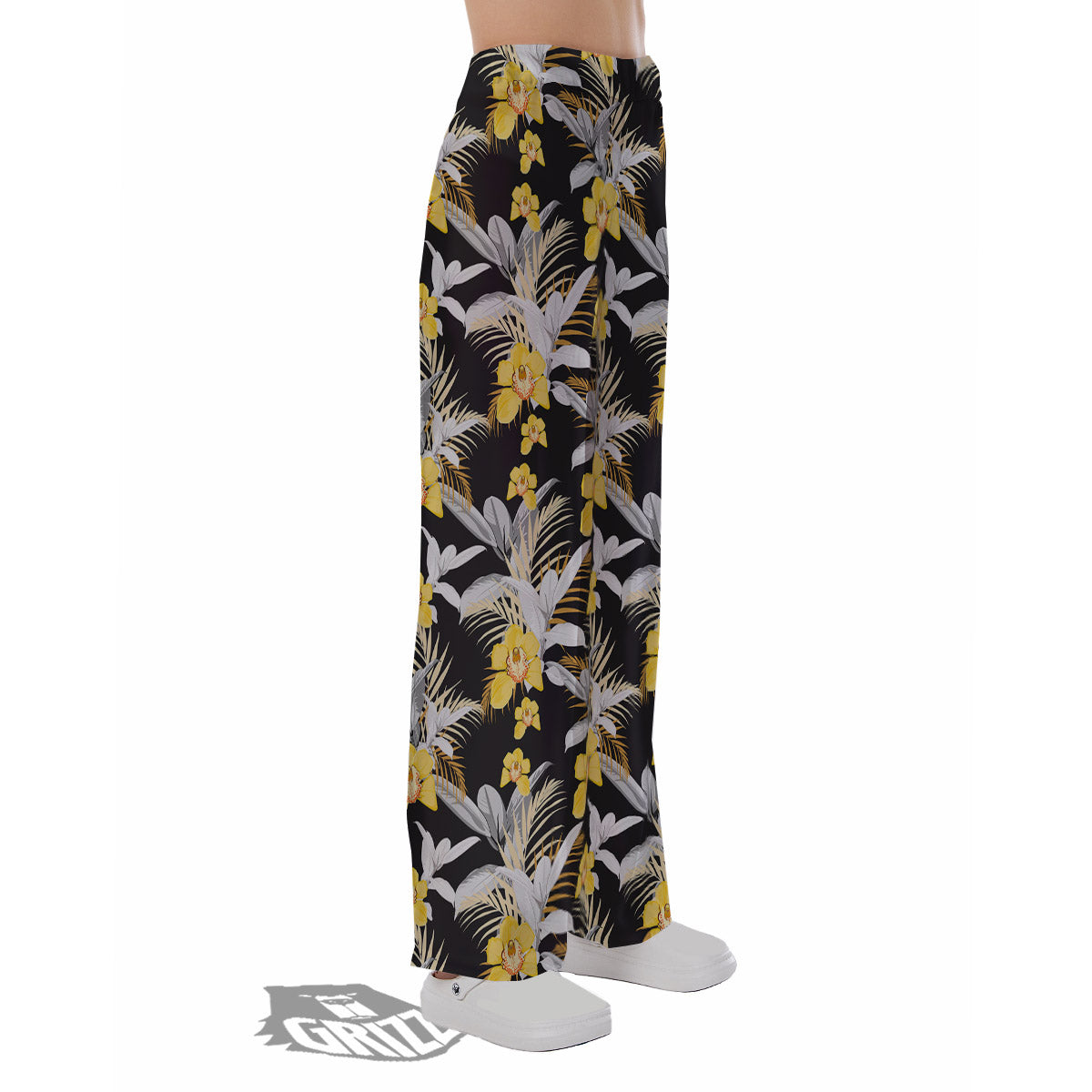 Plumeria Yellow And Black Print Pattern Pajama Pants-grizzshop