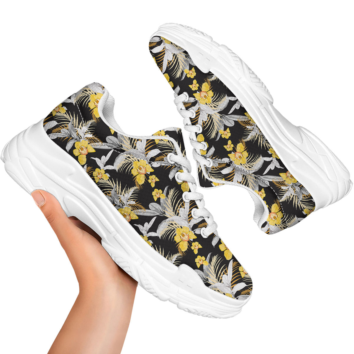 Plumeria Yellow And Black Print Pattern White Chunky Shoes-grizzshop