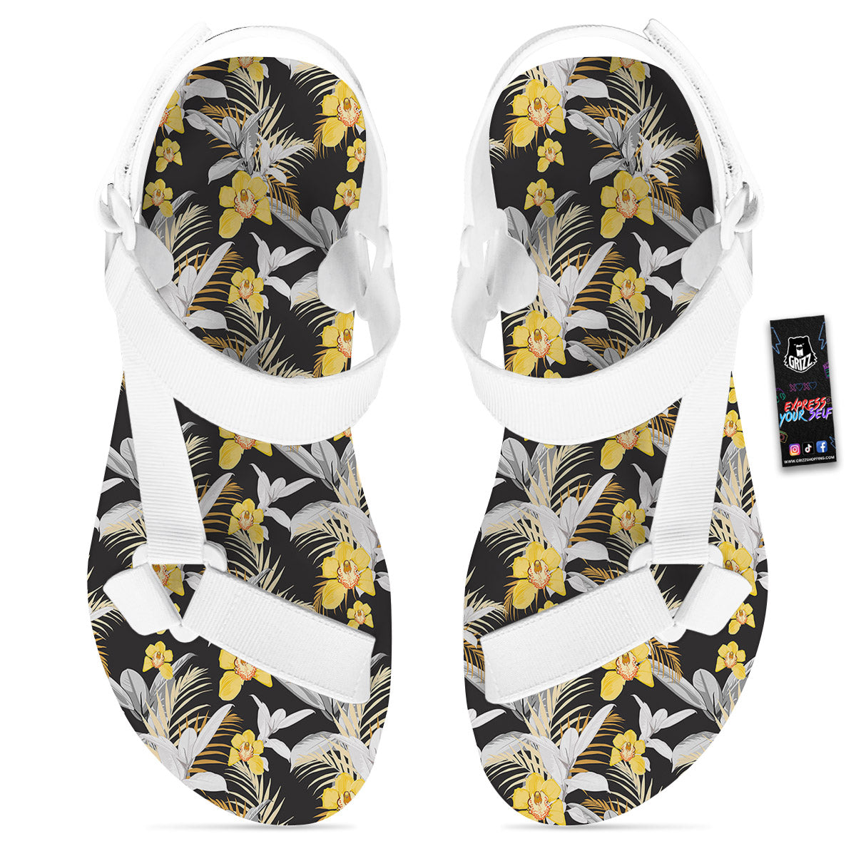 Plumeria Yellow And Black Print Pattern White Open Toe Sandals-grizzshop