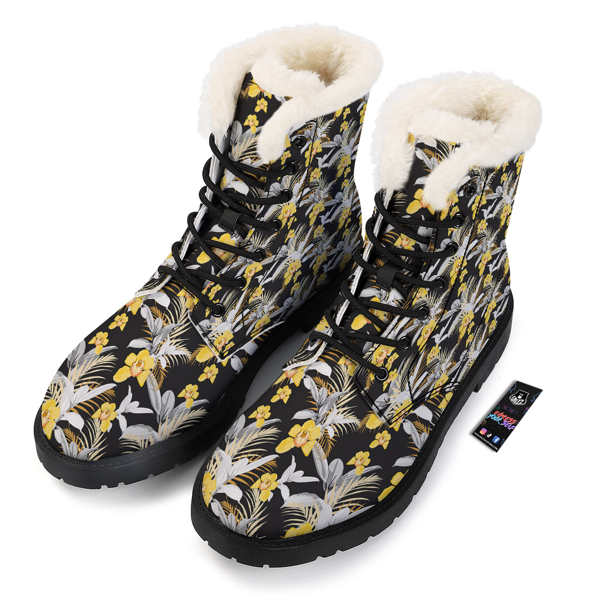 Plumeria Yellow And Black Print Pattern Winter Boots-grizzshop