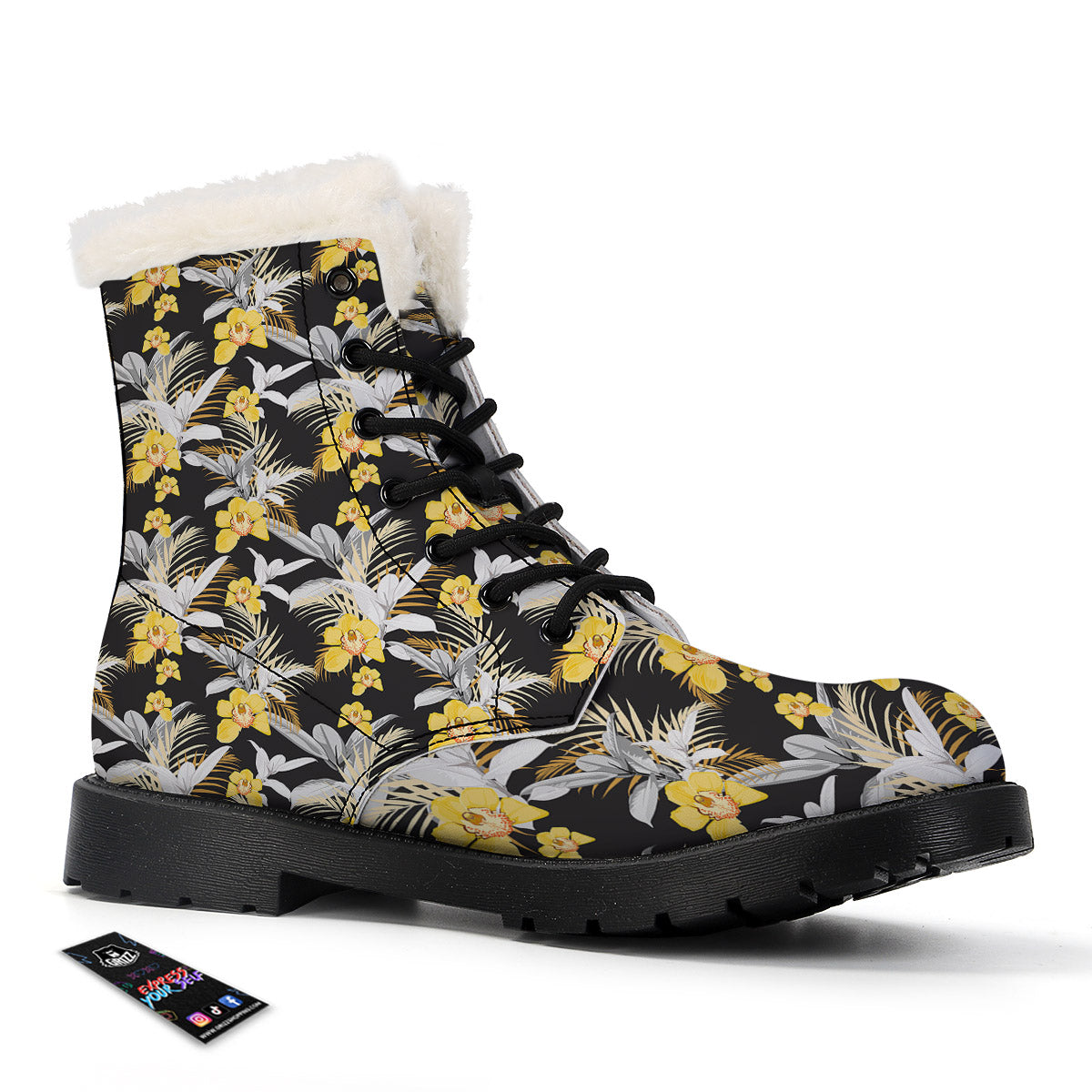 Plumeria Yellow And Black Print Pattern Winter Boots-grizzshop