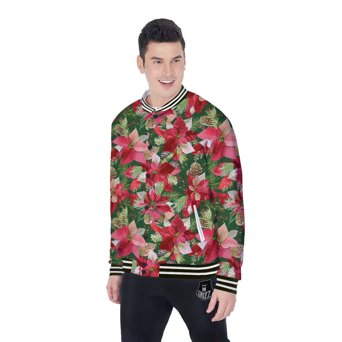 Poinsettia Christmas Vintage Print Pattern Baseball Jacket-grizzshop