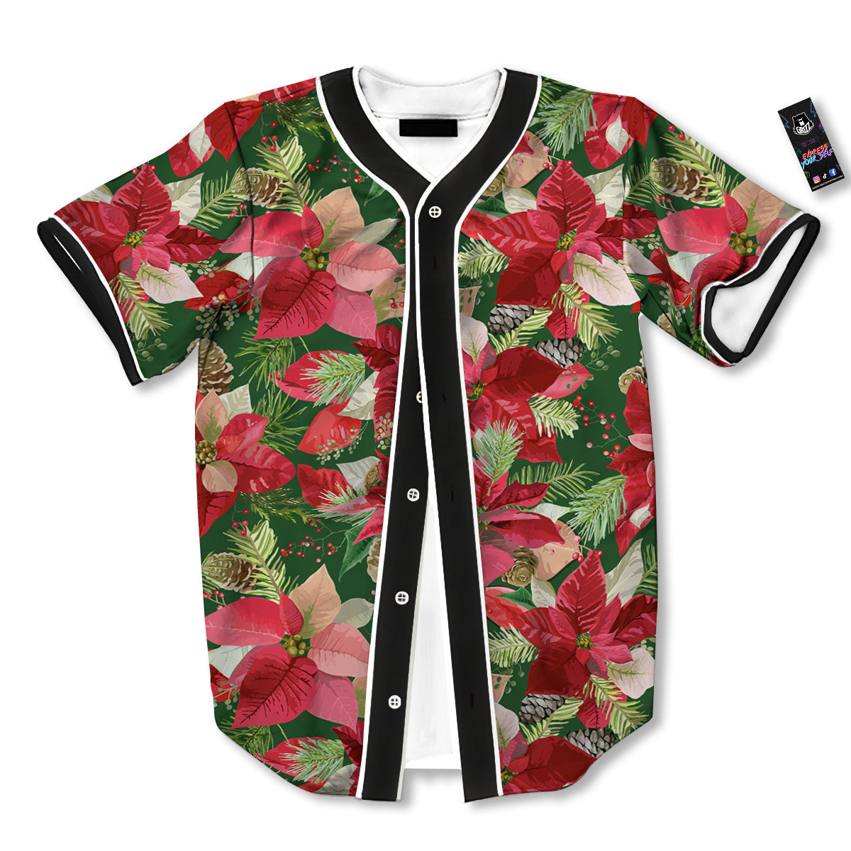 Poinsettia Christmas Vintage Print Pattern Baseball Jersey-grizzshop