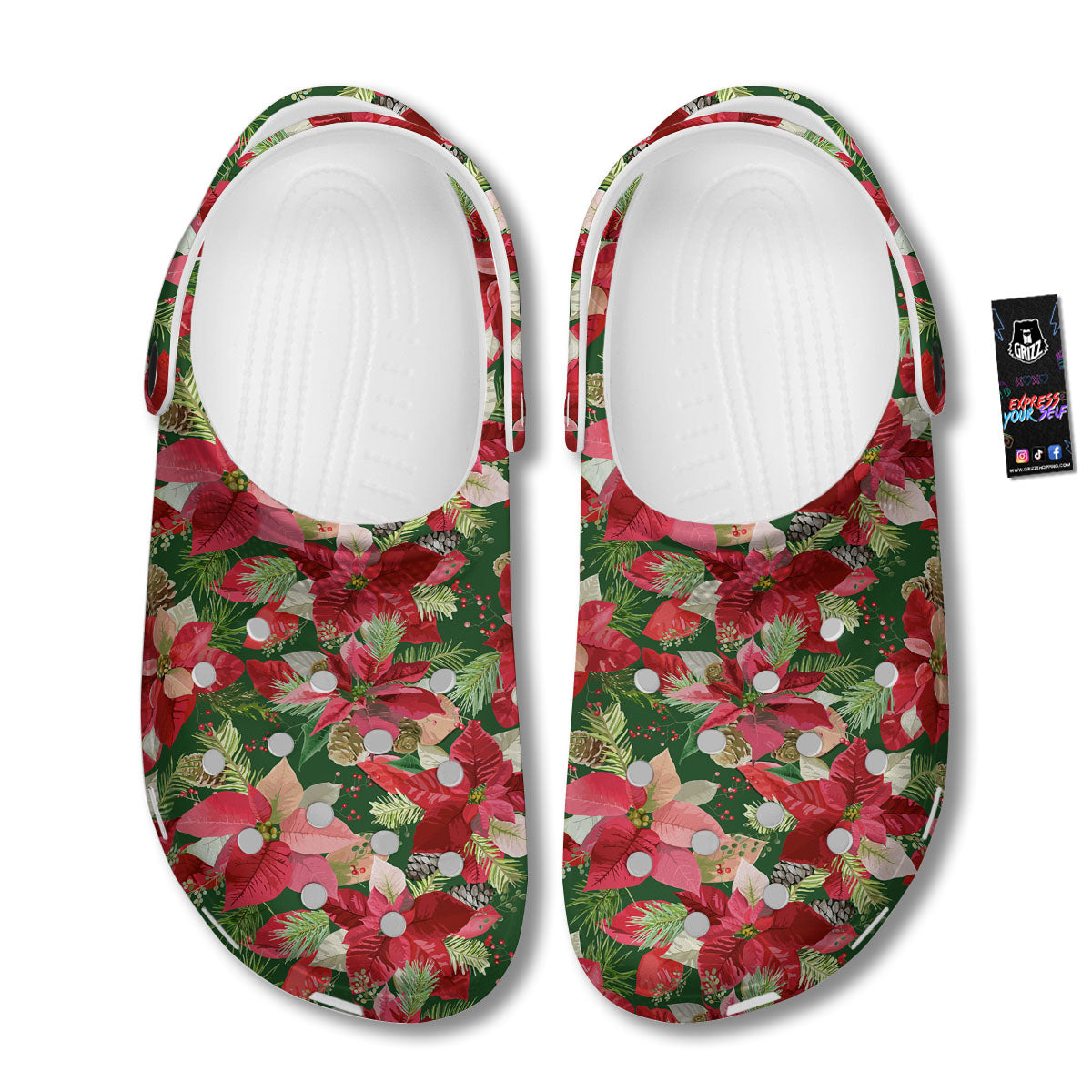 Poinsettia Christmas Vintage Print Pattern Clog-grizzshop