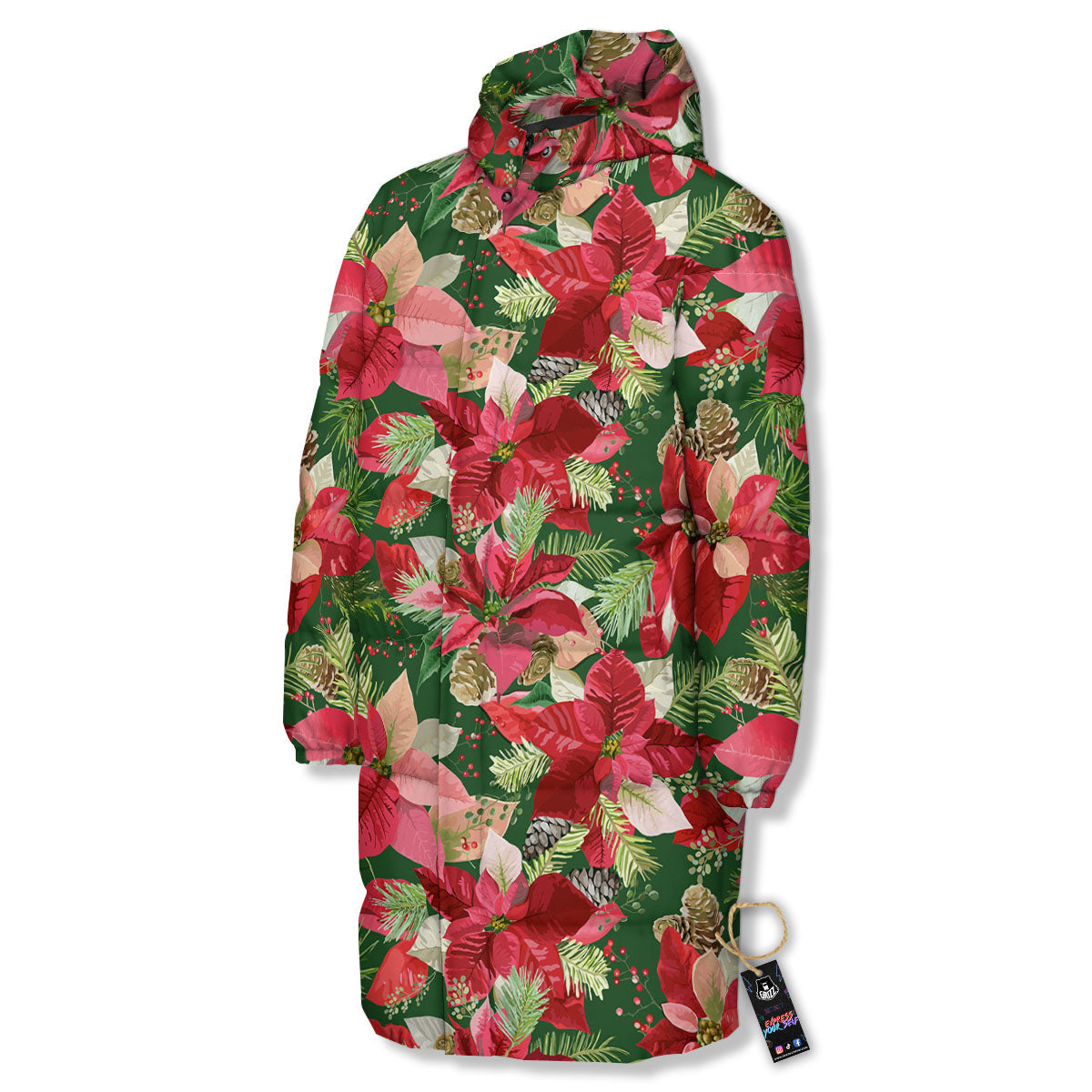 Poinsettia Christmas Vintage Print Pattern Long Down Jacket-grizzshop